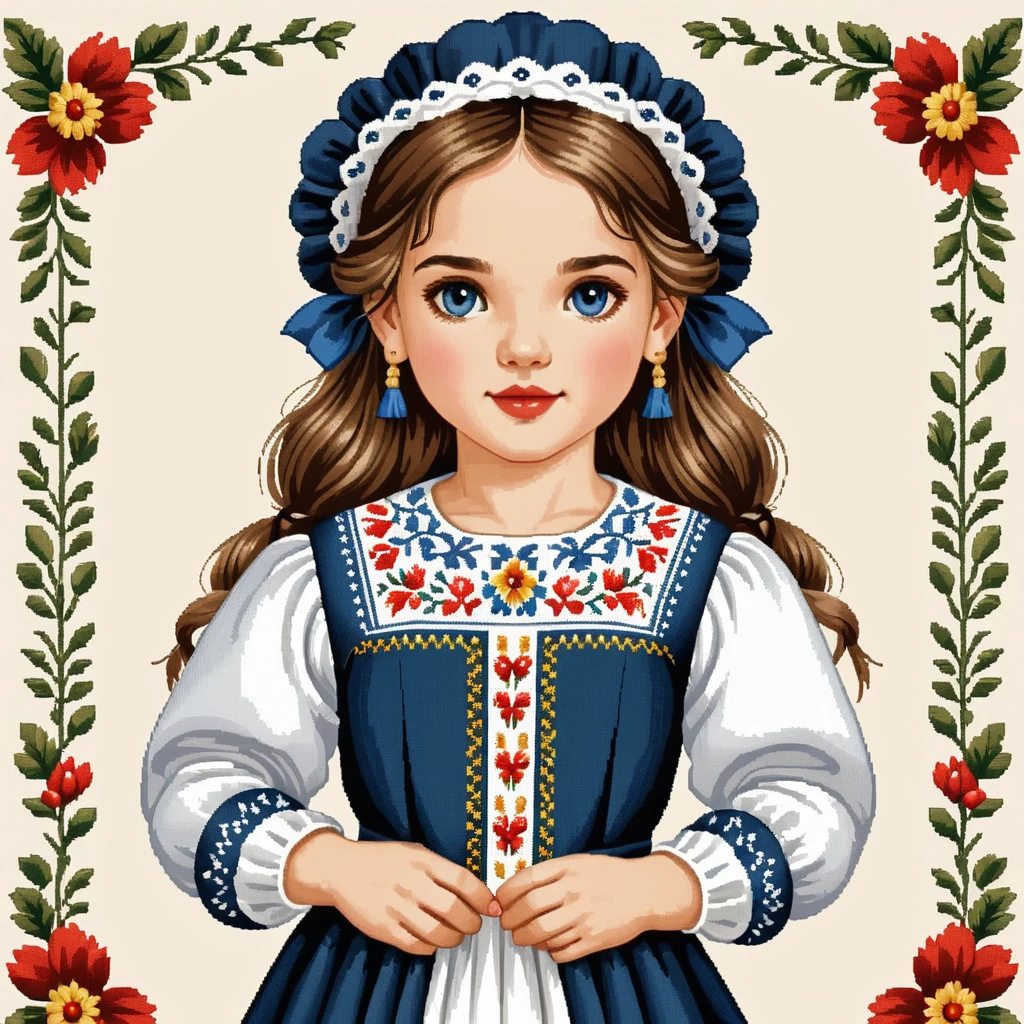 cross stitch pattern, french girl in folk outfit