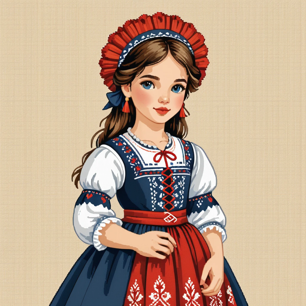 cross stitch pattern, french girl in folk outfit