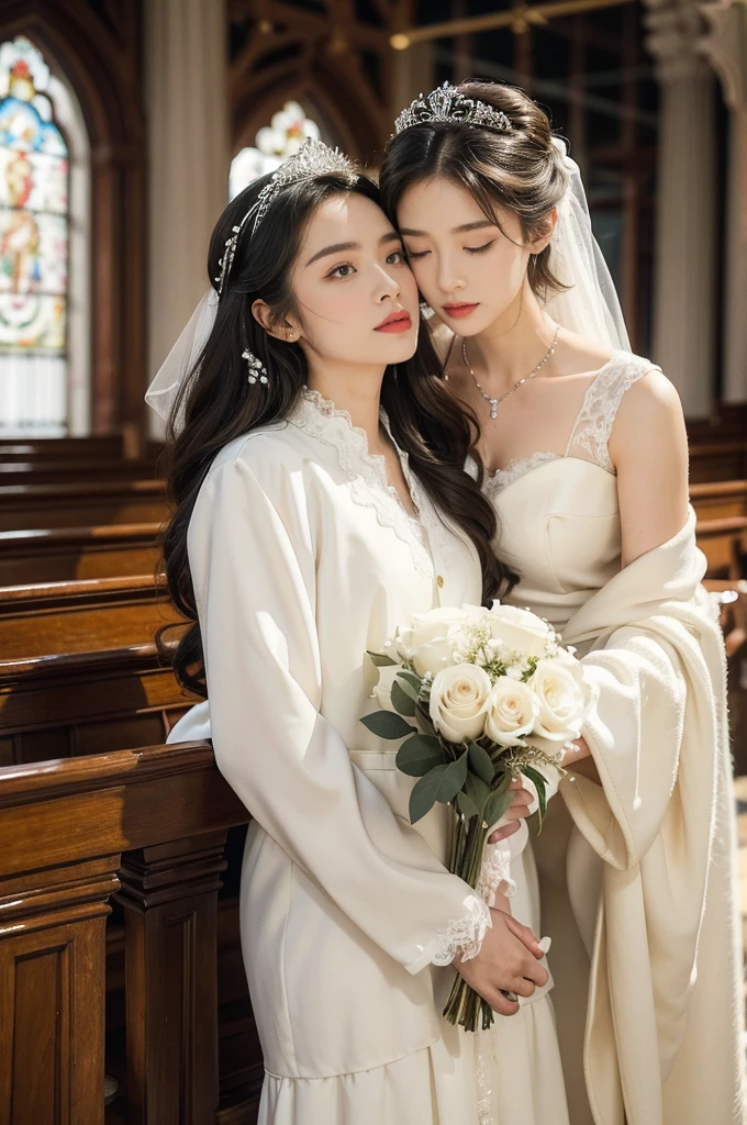 (((best quality))),(((ultra detailed))),(((masterpiece))),illustration,(((1old man and 1girl))), elderly bridegroom, beautiful young bride, white wedding gown, church, majestic altar, rows of wooden pews, traditional tuxedo, white shirt, tailored suit jacket, boutonniere, delicate tiara, sparkling crystals, pearls, slender figure, intricate lace detailing, flowing hair, loose curls, vibrant flowers, white roses, greenery, adoring eyes, mixture of love and admiration, age difference, pure love, connection, reminder, no boundaries, true love, spans across generations