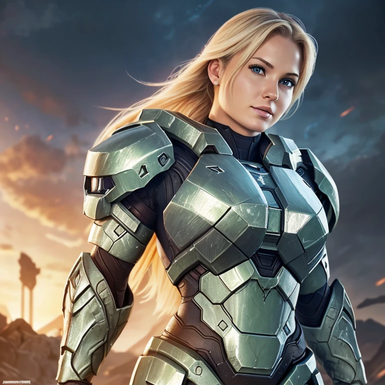 blonde woman in a Mjolnir armor from Halo, Spartan aus Halo, without a helmet, Pretty face, a character portrait inspired by Ryan Barger, Trends on Artstation, fantastic realism, Cammy, Muscle sweat, beautiful, defined muscles, feminine, big breasts DD-cup, NSFW, shoulder length hair, bimbo