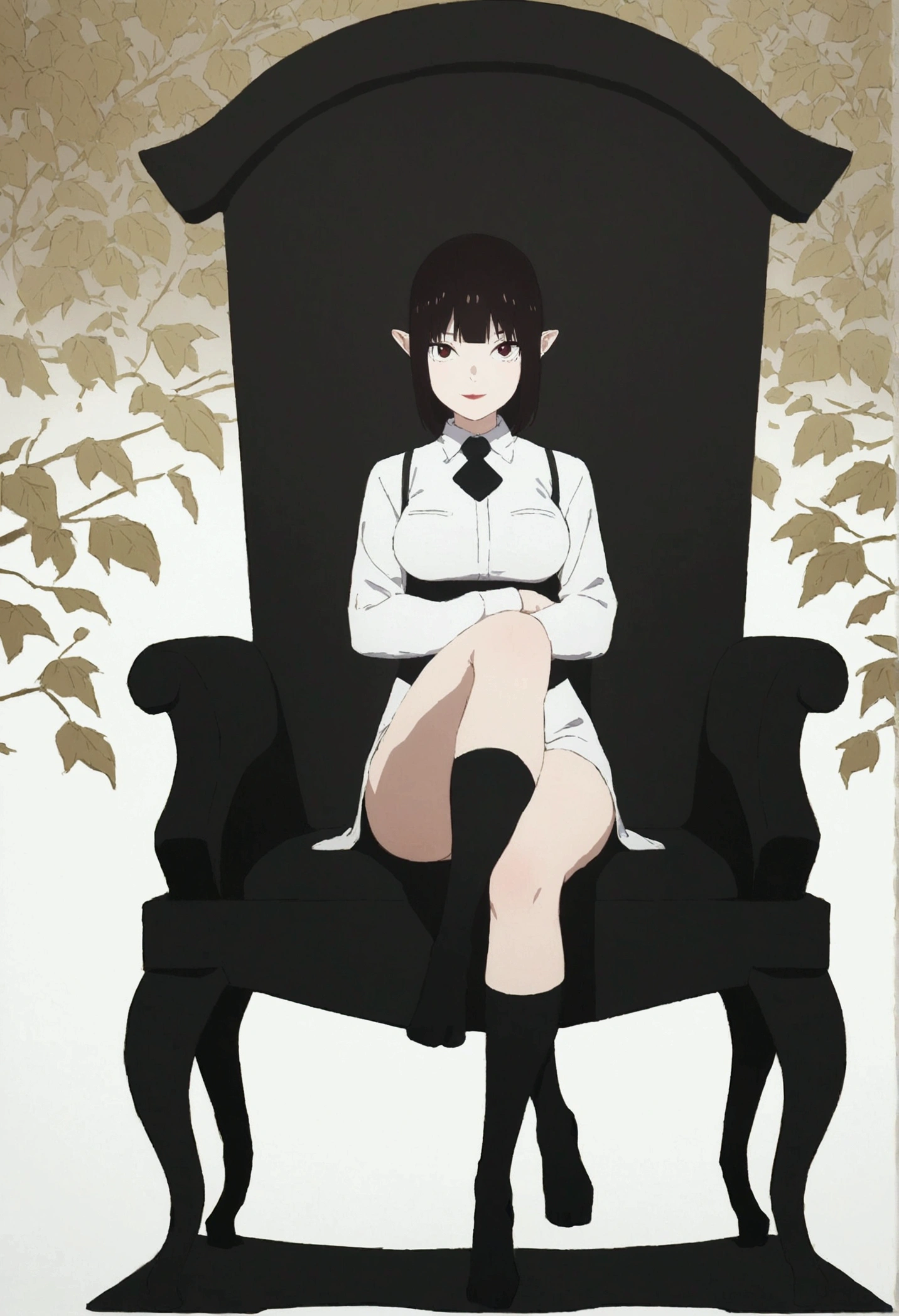 (work of art, ultra detali,high resolution,8K), 1 girl ,standing alone,hinterland,Look to viewer, TochaTortura, trunk,sheen,brunette skin,sitting on a chair,legs crossed,ssmile,black socks
