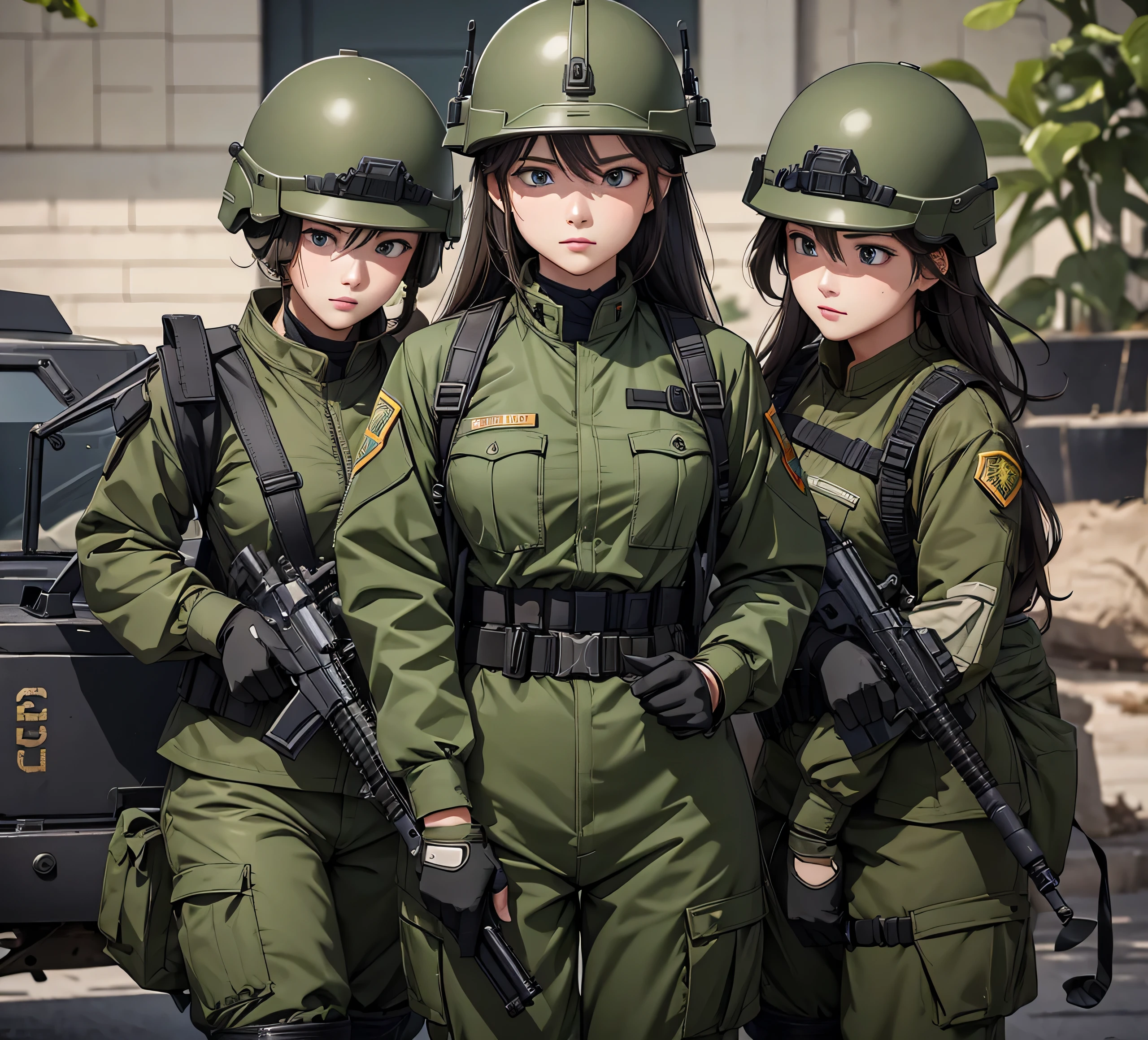 A group of female soldiers all wearing green military uniforms，Full helmet、Military Pants、Individual equipment set、Alert with guns，Write details、masterpiece、best quality、Highly detailed CG、8K picture quality