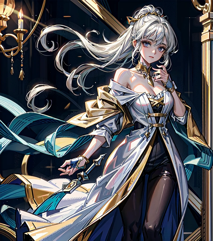 Beautiful goddess,1 Girl,Off-shoulder dress,Moderate hair,Moderate ,Exposed collarbone,Tear mole,Gorgeous goddess dress,Candlelight room,Flowing robe,The expression is arrogant,White hair,whole body,(best quality,4K,8K,high resolution,masterpiece:1.2),Extremely detailed,(Practical,photoPractical,photo-Practical:1.37),fantasy,Facing the camera,Crystal ball floating on the palm,Intricate details,Dramatic Lighting,Melancholy atmosphere,Rich colors