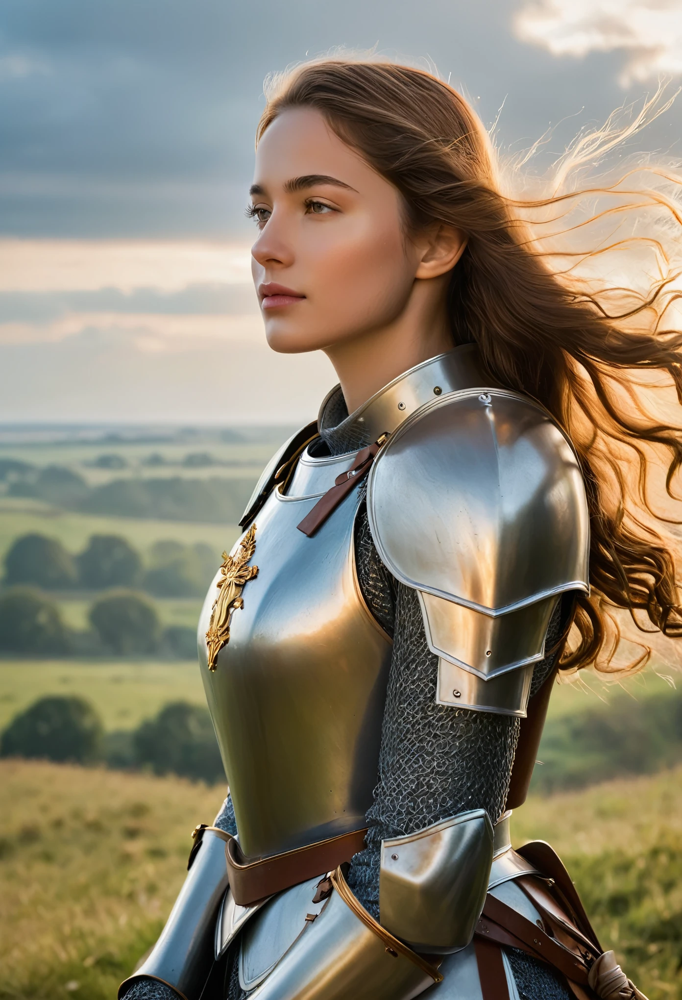 (best quality, 4k, 8k, highres, masterpiece:1.2), ultra-detailed, (realistic, photo realistic,photo-realistic:1.37),
Joan of Arc stands in a serene moment of contemplation, her delicate features framed by the soft, golden light of dawn. Her face is youthful and serene, with high cheekbones, gentle eyes that convey both vulnerability and unwavering faith, and lips that form a slight, determined smile. There is a subtle, almost otherworldly glow to her skin, emphasizing her divine inspiration.
Her long, wavy hair, the color of chestnut, cascades down her back, free from the confinement of a helmet. A few loose strands gently flutter in the breeze, adding to her ethereal appearance. She is dressed in a simple yet elegant suit of armor, its polished surface reflecting the morning light. The armor, though functional, is beautifully crafted, with delicate engravings of lilies and religious symbols that speak to her holy mission.
In one hand, she holds a slender, elegant sword, its blade shining with an inner light. The sword is both a weapon and a symbol of her divine purpose. In her other hand, she lightly grasps a banner, the flag of France, its fabric gently waving in the soft breeze. The banner is pristine, its vibrant colors a stark contrast to the somber tones of the battlefield in the distance.
Joan stands on a hill overlooking the battlefield, a look of serene determination on her face. The landscape around her is tranquil, with the early morning mist rising from the ground and the first rays of sunlight breaking through the clouds. In the background, the distant sounds of battle are muted, creating a poignant contrast between the chaos of war and the calm resolve of this young heroine.