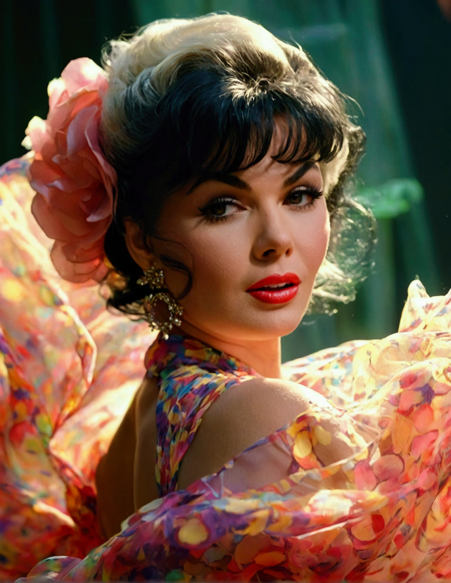 a beautiful woman (Jayne Mansfield, age 25, young and vibrant), dancing, (colorful sheer dress, flowing, spinning, no underwear), extremely revealing, well-lit stage, stunning performance, extremely detailed, high quality, 8k, photorealistic, vibrant colors, dramatic lighting, elegant movement, graceful poses, beautiful facial features, full body shot, prime lens, soft depth of field, professional photography (show her entire body, show her from head to toe)