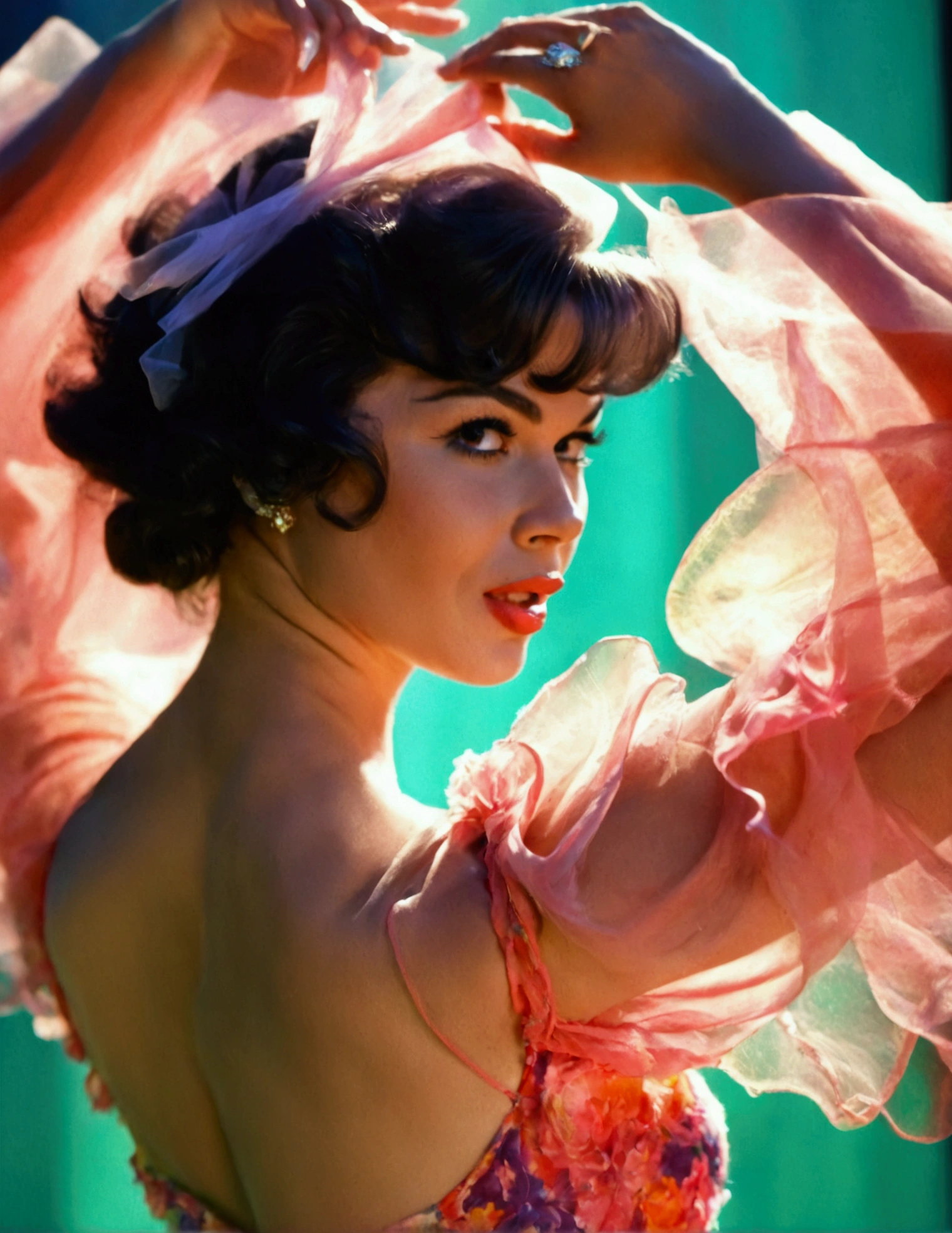 a beautiful woman (Jayne Mansfield, age 25, young and vibrant), dancing, (colorful sheer dress, flowing, spinning, no underwear), extremely revealing, well-lit stage, stunning performance, extremely detailed, high quality, 8k, photorealistic, vibrant colors, dramatic lighting, elegant movement, graceful poses, beautiful facial features, full body shot, prime lens, soft depth of field, professional photography (show her entire body, show her from head to toe)
