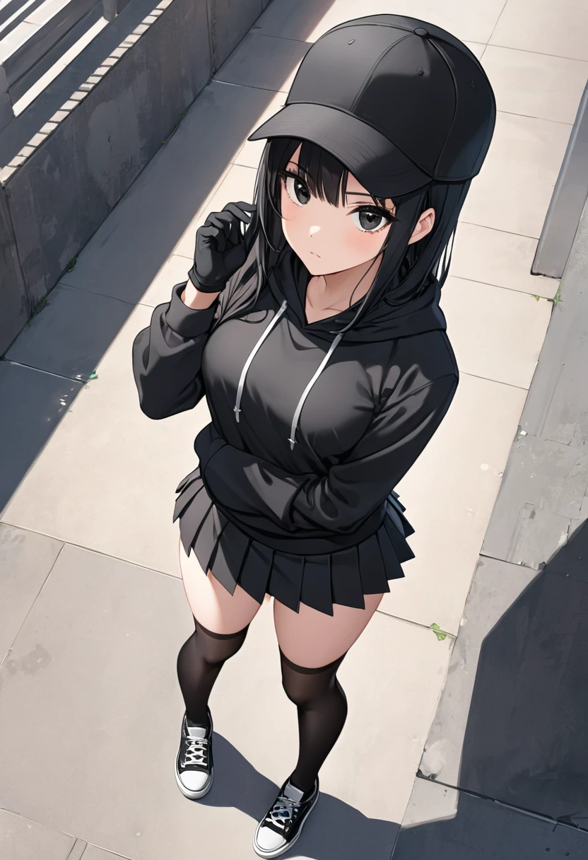 Black miniskirt , Black sneakers , Black hoodie , pleated skirt , whole body , thighs , black hair , black eyes , straight hair , black ball cap , long sleeves , stockings , View from above , Black gloves , standing posture