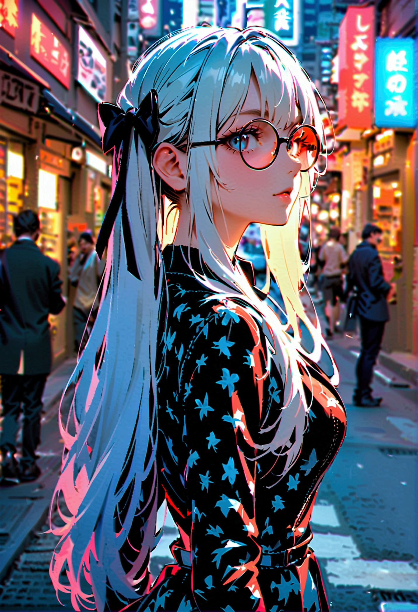 A young woman with long white hair and a black bow on her head, a blue suit, wearing round black candy-colored glasses, her back turned halfway in the middle of the city during the daytime.