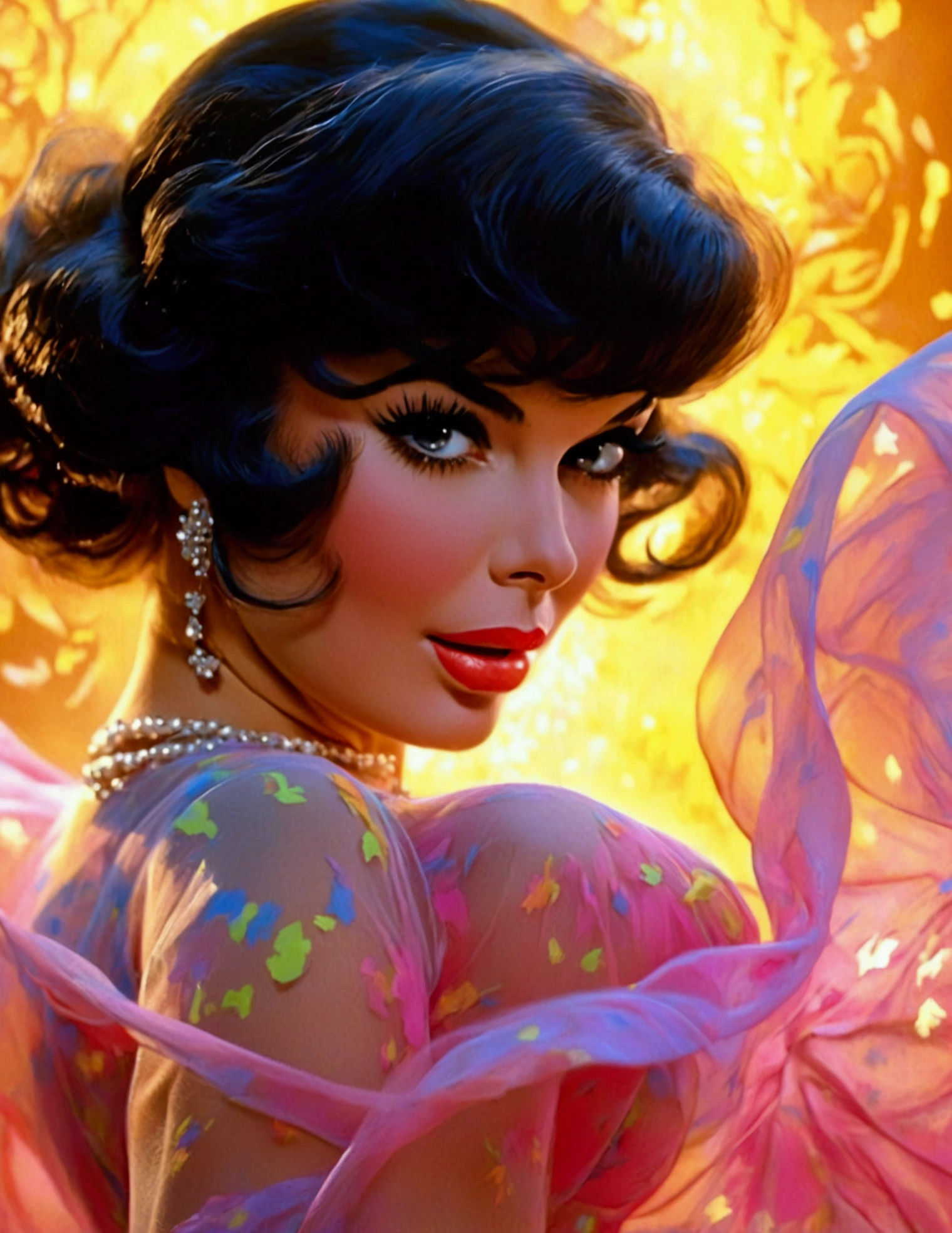 a beautiful woman (Jayne Mansfield, age 25, young and vibrant), dancing, (colorful sheer dress, flowing, spinning, no underwear), extremely revealing, well-lit stage, stunning performance, extremely detailed, high quality, 8k, photorealistic, vibrant colors, dramatic lighting, elegant movement, graceful poses, beautiful facial features, full body shot, prime lens, soft depth of field, professional photography (show her entire body, show her from head to toe)
