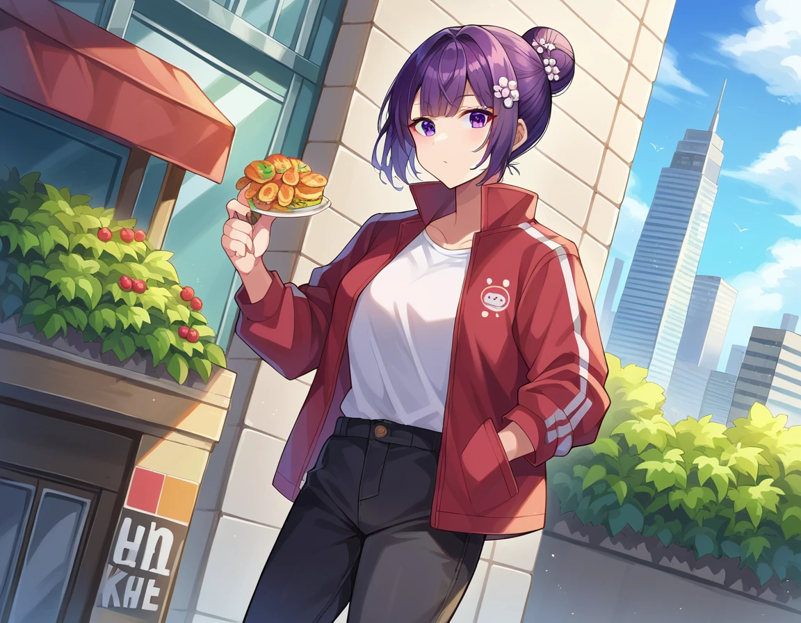 score_9, score_8_superior, score_7_superior, sauce_anime,
katsushikaHokusai, Hokusai, bangs, Purple eyes, Purple Hair, Mature Woman,
short hair, hair ornaments, flower, hair flower, Food, Hair Bun, single Hair Bun, Long sleeve, Jacket, pants, Food, Official Alternative Costumes, Foodie, black pants, Food down, casual, Fooded Jacket, white Foodie,
Outdoor, Cityscape, I had already finished,
View your viewers, Dutch Angle, Cowboy Shot