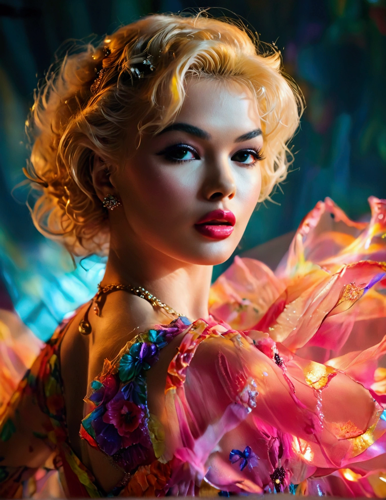 a beautiful woman (Jayne Mansfield, age 25, young and vibrant), dancing, (colorful sheer dress, flowing, spinning, no underwear), extremely revealing, well-lit stage, stunning performance, extremely detailed, high quality, 8k, photorealistic, vibrant colors, dramatic lighting, elegant movement, graceful poses, beautiful facial features, full body shot, prime lens, soft depth of field, professional photography (show her entire body, show her from head to toe)