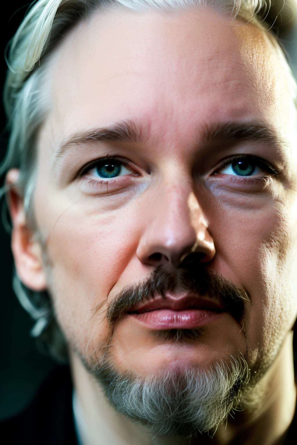 Journalist Julian Assange, in his high-definition portrait, exudes a sense of resilience and determination. His sharp features are illuminated under natural light, capturing the lines of his strong jawline and deep-set eyes that hold a steadfast gaze. The bold text "Freedom After 5 Years" is elegantly placed behind him, serving as a poignant backdrop to his story of perseverance. The portrait is presented in exceptional quality, with every detail meticulously captured, evoking a sense of realism that is both captivating and thought-provoking. The image is reminiscent of a cinematic scene, with the dramatic lighting and high definition bringing out the depth