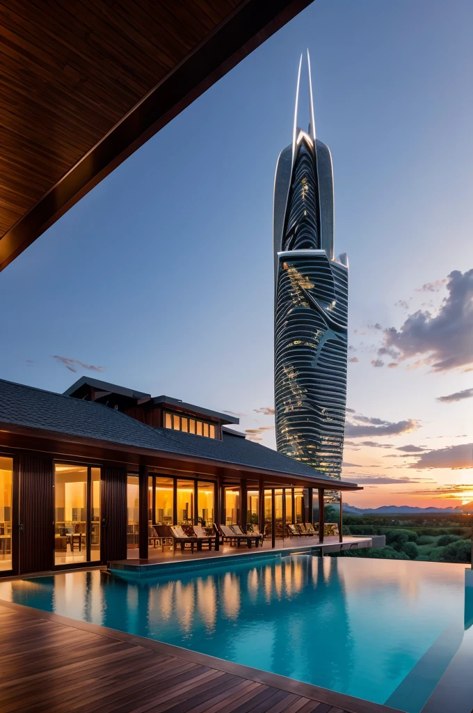Resort with Zaha Hadid style hotel tower with wood and metal texture, hotel with infinity pool, a twilight with farm sunset in high quality, cattle farm, 8k UHD