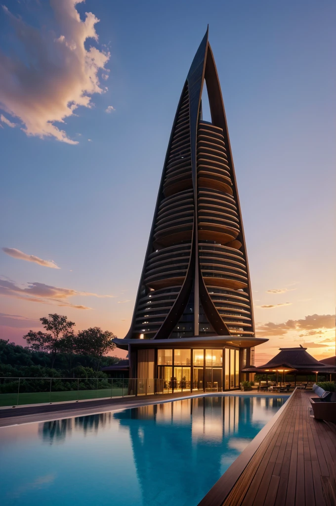 Resort with Zaha Hadid style hotel tower with wood and metal texture, hotel with infinity pool, a twilight with farm sunset in high quality, cattle farm, 8k UHD