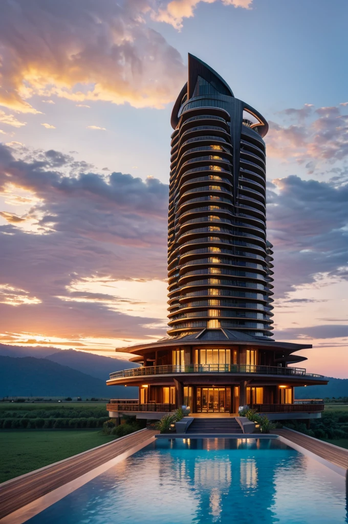 Resort with Zaha Hadid style hotel tower with wood and metal texture, hotel with infinity pool, a twilight with farm sunset in high quality, cattle farm, 8k UHD