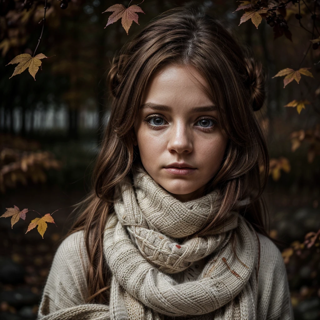  best quality, ultra-detailed, illustration, warm lighting, Soft lighting, Couleurs vives, 1 fille, bare,( belle fille, Longhaire, blue eye, ribbon, brown-hair, Hair between the eyes, hair ribbon, side locks, very Longhaire, messy hair,) , Automne, a lot of maple, maple leaves, gold leaves, fall foliage, Dried leaves, river, air frais, peace, brise fraîche , sweater season,( porter un pull blanc ou marron, Red Scarf, Gloomy fall, Melancholy, melancholy, Grieving ,worried, Desire,)