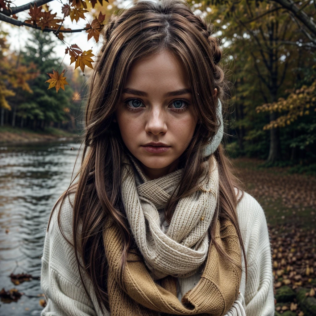 best quality, ultra-detailed, illustration, warm lighting, Soft lighting, Couleurs vives, 1 fille, bare,( belle fille, Longhaire, blue eye, ribbon, brown-hair, Hair between the eyes, hair ribbon, side locks, very Longhaire, messy hair,) , Automne, a lot of maple, maple leaves, gold leaves, fall foliage, Dried leaves, river, air frais, peace, brise fraîche , sweater season,( porter un pull blanc ou marron, Red Scarf, Gloomy fall, Melancholy, melancholy, Grieving ,worried, Desire,)