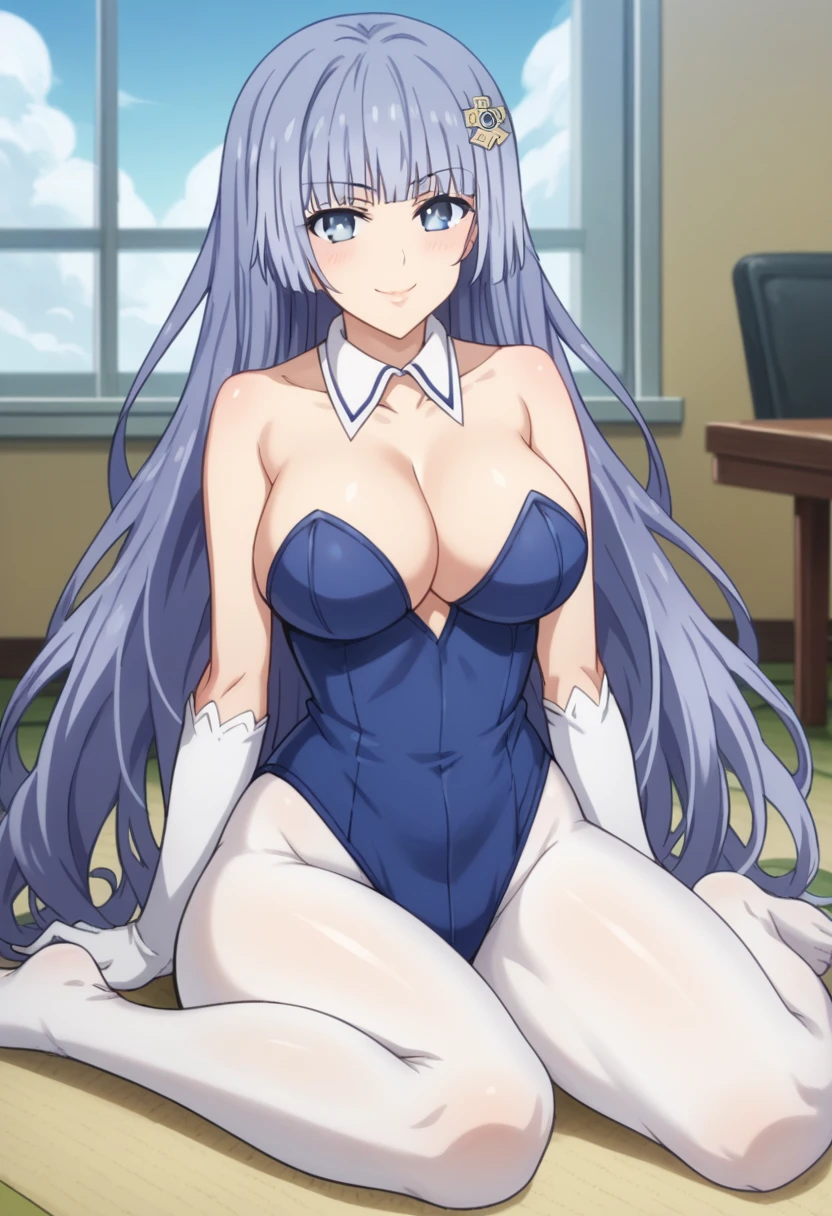 Score_9, Score_8_up, Score_7_up, ASCII masterpiece, source_anime, BREAK, 1women, solo, mikuizayoi, miku izayoi, bangs, blunt bangs, hime cut, hair ornament, long hair, blue eyes, blue hair, blush, naughty face, big breasts, thin waist, wide hips, beautiful skin, beauty, extraordinarily beautiful woman, attractive woman, super sexy,)), closed mouth, looking at the viewer, serious smile, satisfied, open legs, thighs, feet, solesbunny playboy, blue leotard, white gloves, elbow-length gloves, white pantyhose, detached collar, fake off-shoulder, cleavage, animal ears, collarbone,
large breasts, dentures in skin, smile, blush, slightly puckered, lips, pursed lips, naughty face, happy, leaning to one side, feet,
Indoors, living room, on the floor, window, carpet, cloudy sky, reclined table,