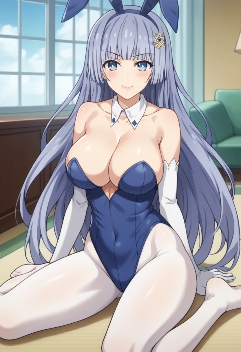 Score_9, Score_8_up, Score_7_up, ASCII masterpiece, source_anime, BREAK, 1women, solo, mikuizayoi, miku izayoi, bangs, blunt bangs, hime cut, hair ornament, long hair, blue eyes, blue hair, blush, naughty face, big breasts, thin waist, wide hips, beautiful skin, beauty, extraordinarily beautiful woman, attractive woman, super sexy,)), closed mouth, looking at the viewer, serious smile, satisfied, open legs, thighs, feet, solesbunny playboy, blue leotard, white gloves, elbow-length gloves, white pantyhose, detached collar, fake off-shoulder, cleavage, animal ears, collarbone,
large breasts, dentures in skin, smile, blush, slightly puckered, lips, pursed lips, naughty face, happy, leaning to one side, feet,
Indoors, living room, on the floor, window, carpet, cloudy sky, reclined table,