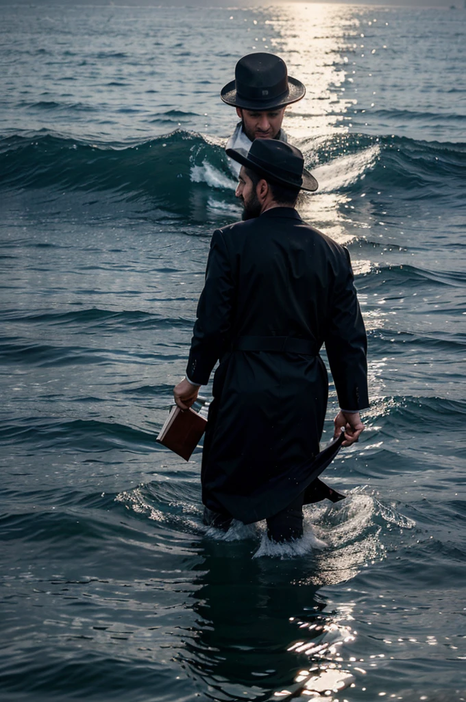 An ultra-Orthodox Jewish man walks in a sea above an open book