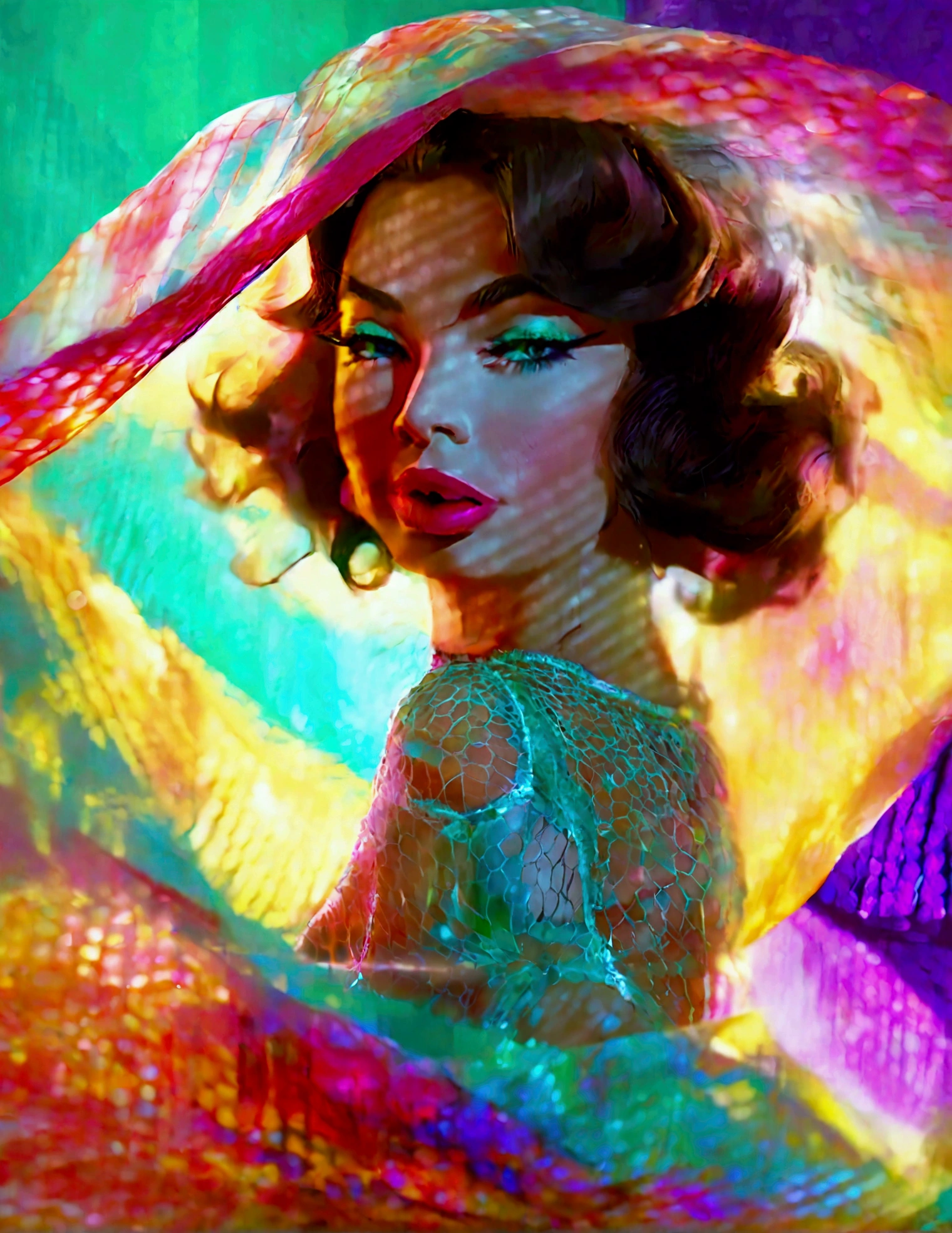 a beautiful woman (Jayne Mansfield, age 25, young and vibrant), dancing, (colorful sheer dress, flowing, spinning, no underwear), extremely revealing, well-lit stage, stunning performance, extremely detailed, high quality, 8k, photorealistic, vibrant colors, dramatic lighting, elegant movement, graceful poses, beautiful facial features, full body shot, prime lens, soft depth of field, professional photography (show her entire body, show her from head to toe)
