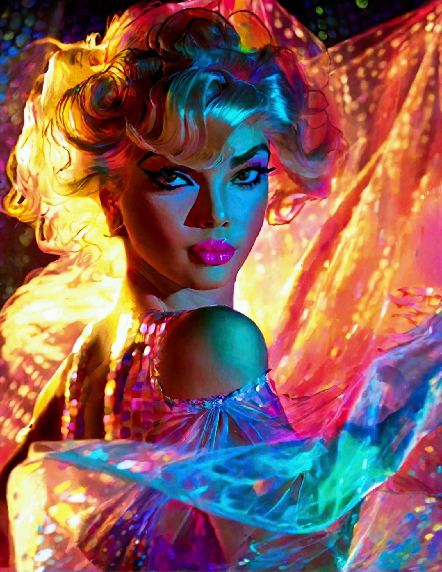 a beautiful woman (Jayne Mansfield, age 25, young and vibrant), dancing, (colorful sheer dress, flowing, spinning, no underwear), extremely revealing, well-lit stage, stunning performance, extremely detailed, high quality, 8k, photorealistic, vibrant colors, dramatic lighting, elegant movement, graceful poses, beautiful facial features, full body shot, prime lens, soft depth of field, professional photography (show her entire body, show her from head to toe)