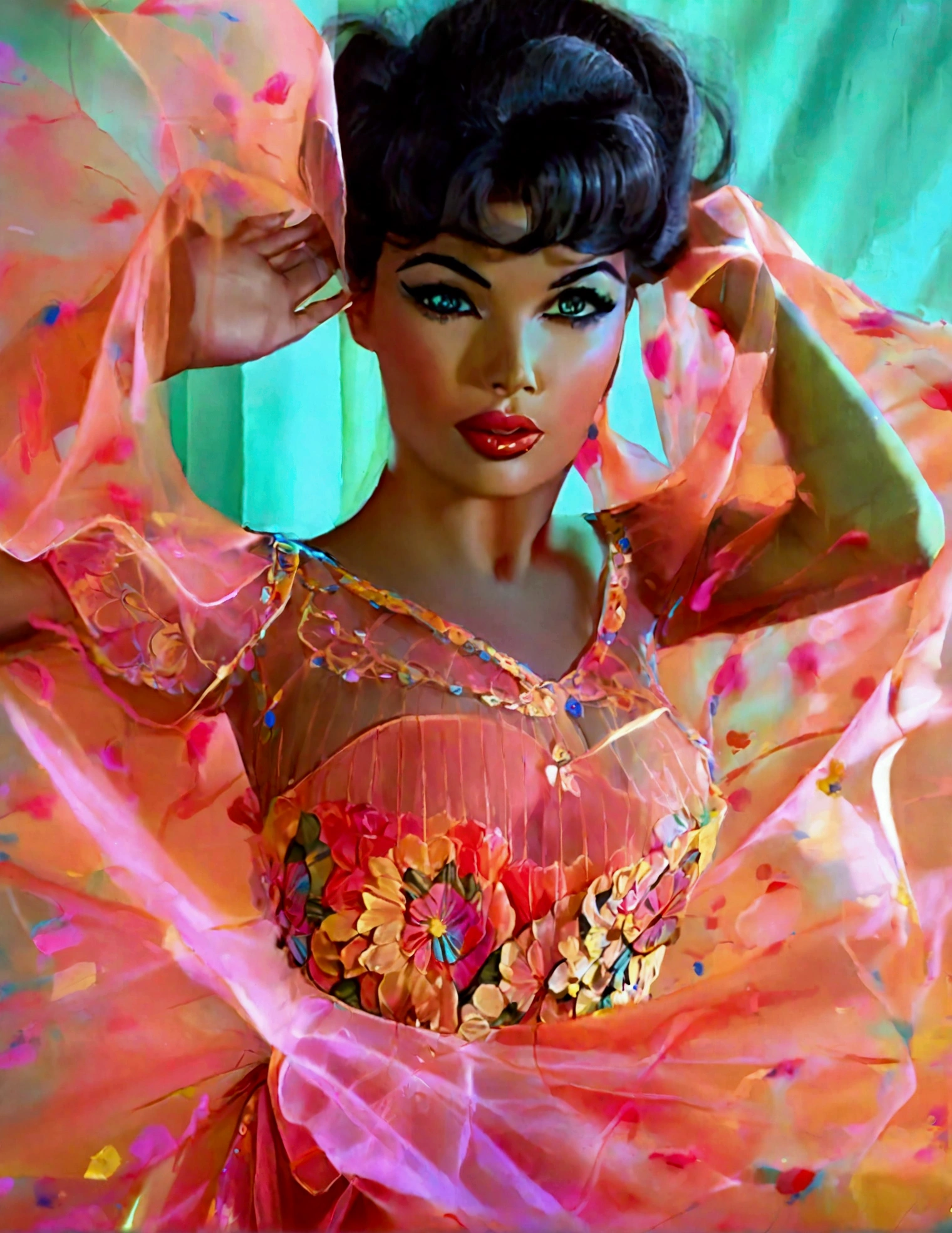 a beautiful woman (Jayne Mansfield, age 25, young and vibrant), dancing, (colorful sheer dress, flowing, spinning, no underwear), extremely revealing, well-lit stage, stunning performance, extremely detailed, high quality, 8k, photorealistic, vibrant colors, dramatic lighting, elegant movement, graceful poses, beautiful facial features, full body shot, prime lens, soft depth of field, professional photography (show her entire body, show her from head to toe)
