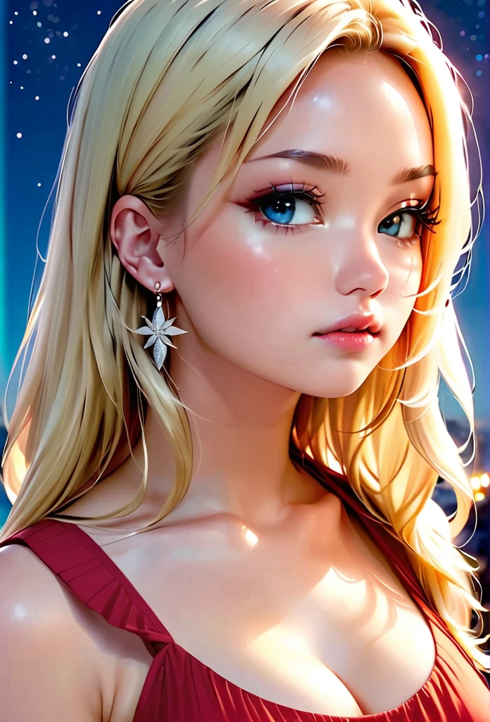 1 girl, fair_skin, ((blue_eyes)), white long hair, wearing a red summer dress, night with stars on the sky, looking at viewer, lower angle, wearing a black choker around her neck, wearing diamond earrings, soft skin, beautiful eyelashes, realistic background