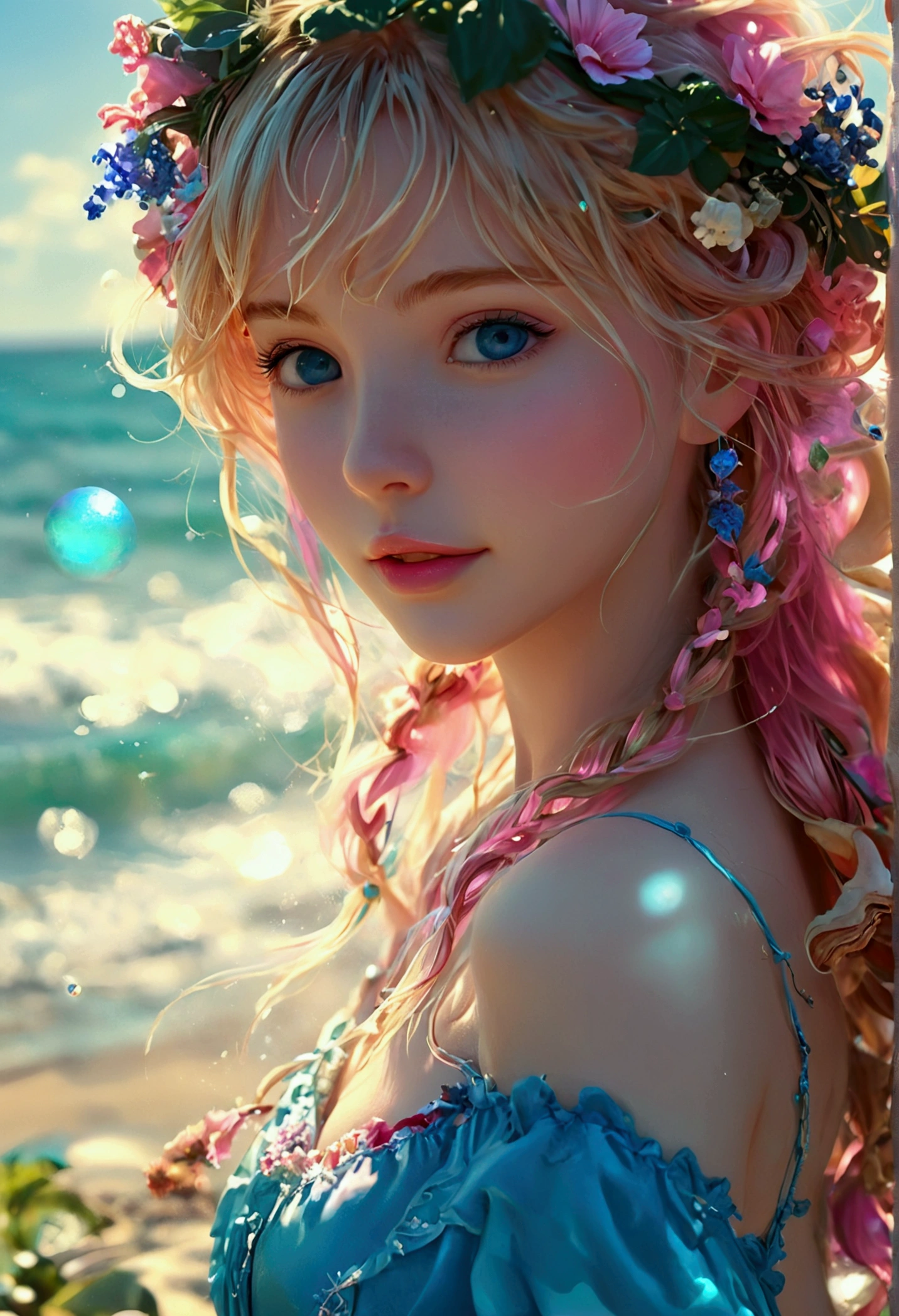 delicate and beautiful CG artwork),(best qualityer, ultra detali, high resolution),(dynamic angle, dynamic lighting),(1 character),(long pink and blonde hair), blue colored eyes, beautiful face), 1 girl, (long sideburns, plants, ssmile, long blue dress, 3 d, ocean, water, beach ball, sea shells, bright sunny, windy