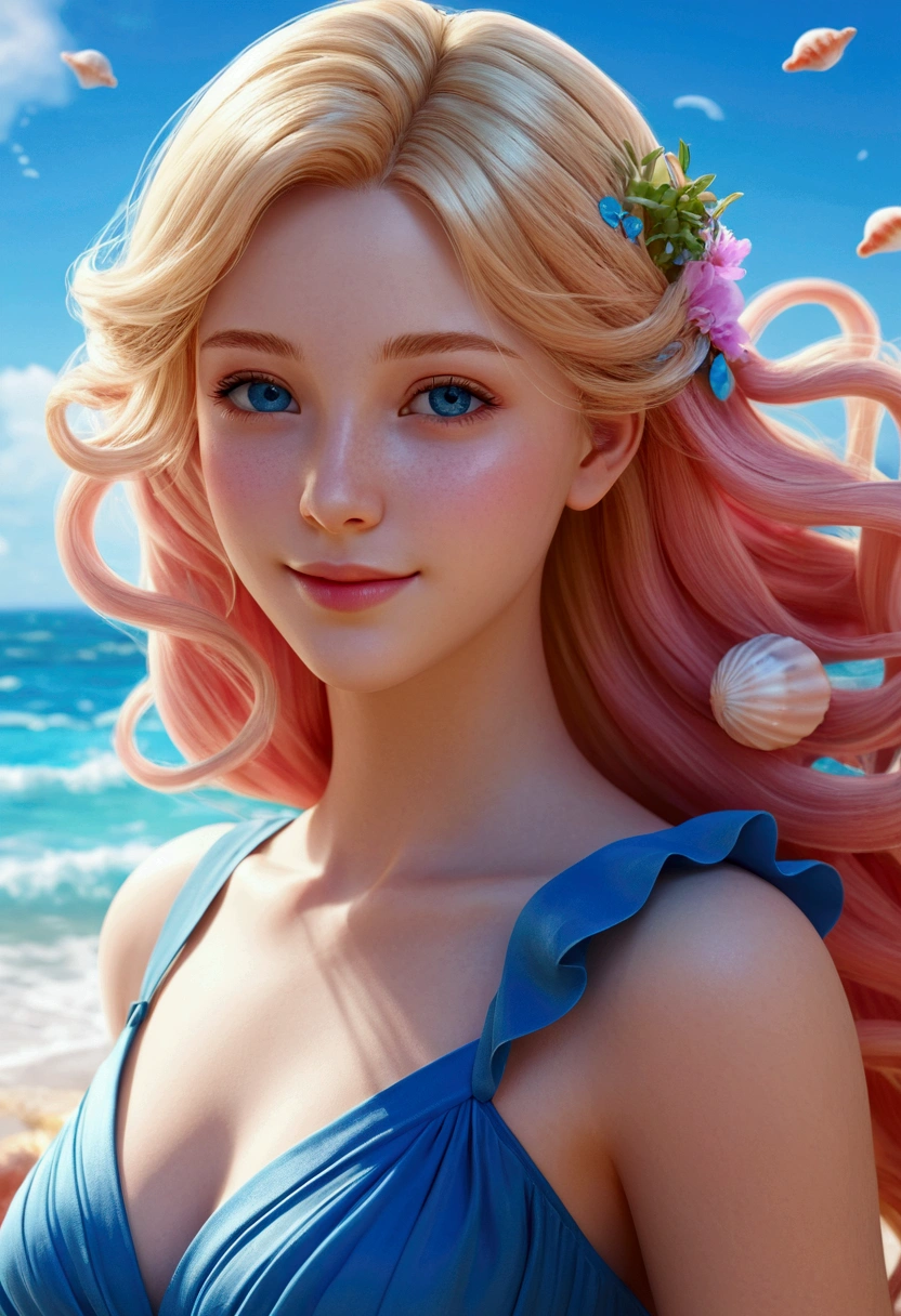delicate and beautiful CG artwork),(best qualityer, ultra detali, high resolution),(dynamic angle, dynamic lighting),(1 character),(long pink and blonde hair), blue colored eyes, beautiful face), 1 girl, (long sideburns, plants, ssmile, long blue dress, 3 d, ocean, water, beach ball, sea shells, bright sunny, windy