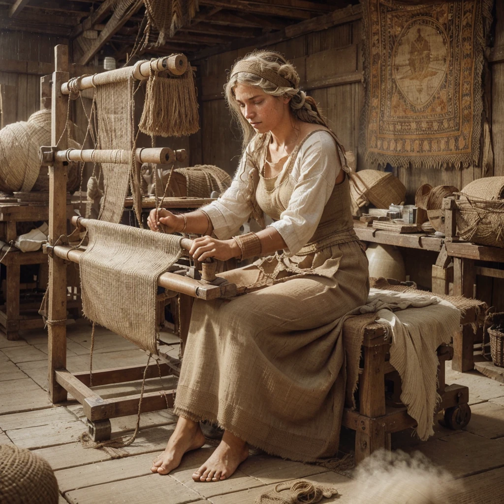 Ancient Roman spinning manufactory slave girls sweating to work at spinning machines , dressed in torn short tunics made of burlap, barefoot , dirty , sweaty, under the supervision of a stern overseer, a lot of details, hyperrealism