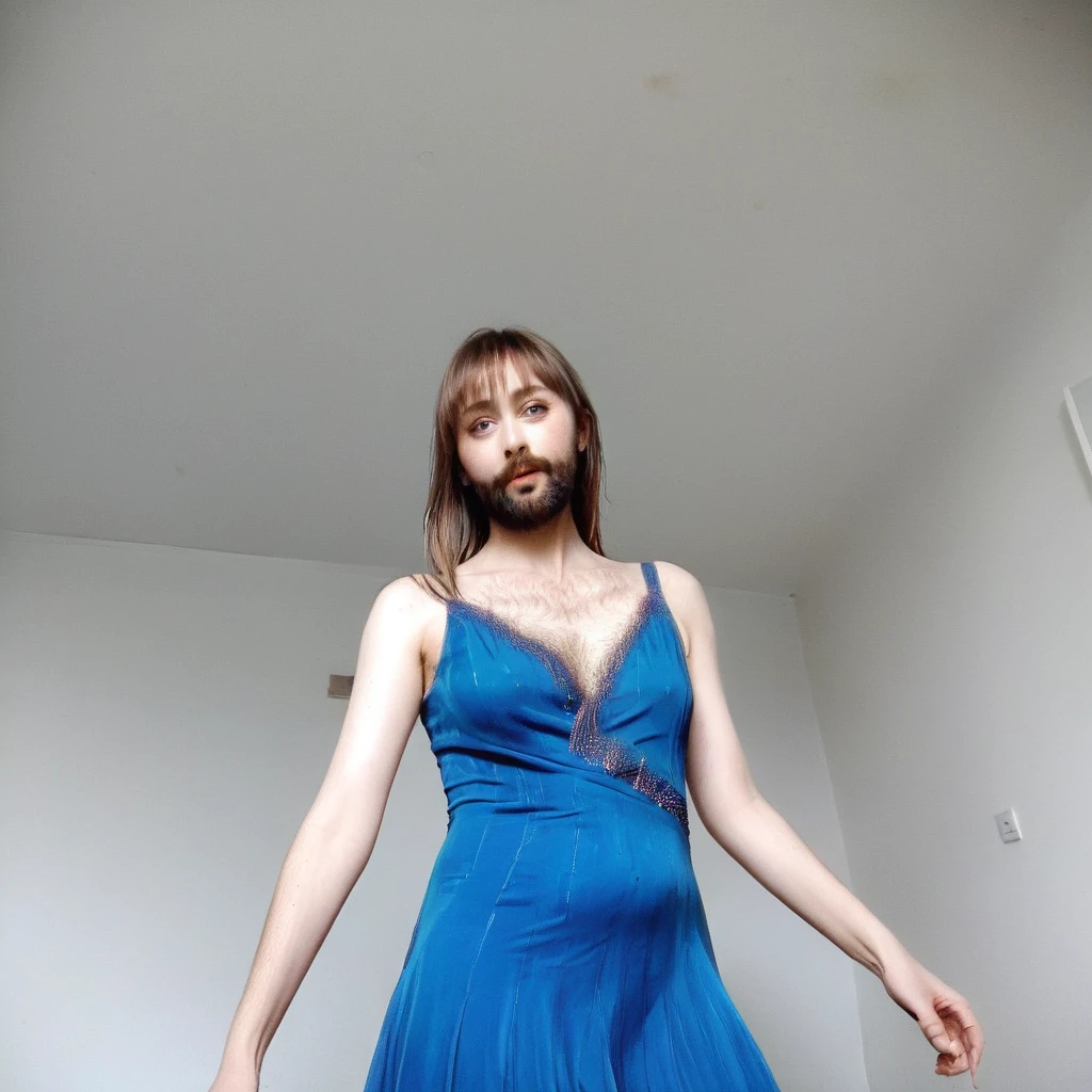 precise portrait, woman with a well-trimmed hairy and shaggy beard, medium-long brown hair with side bangs, hypnotizing brown eyes, blue dancer's dress