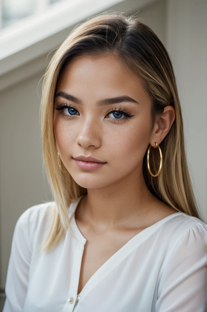 A young 19-year-old woman named Lila Nakamura with a japanese and Northern European heritage. She has thick dark black eyeliner, glossy lips, and a cute, endearing expression. She has straight, blonde hair with black highlights that falls just past her shoulders, styled in a neat and polished manner. Her eyes are almond-shaped with a light, striking blue color, accentuated by subtle eyeshadow and mascara. Her skin has a light tone with a natural, fresh look, and she has a few delicate freckles across her nose. She is wearing a simple, professional outfit, consisting of a white blouse and dark jeans, and accessorized with small gold hoop earrings. The background is a neutral studio setting with soft lighting to highlight her features.