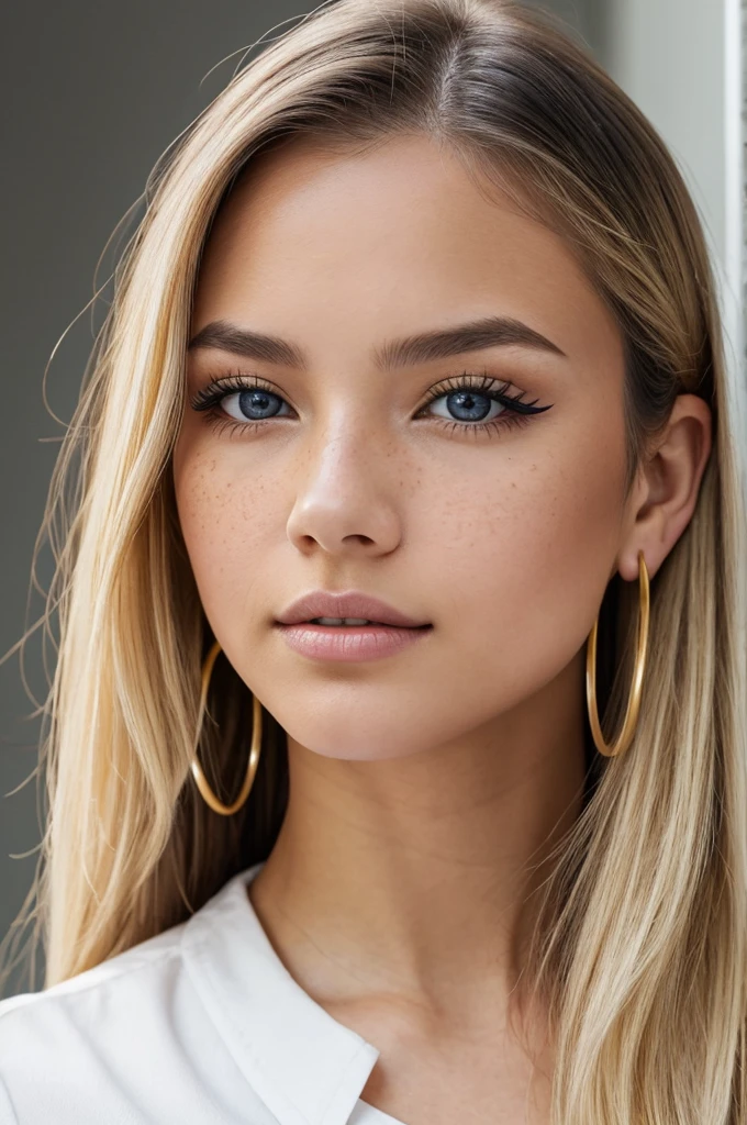 "A young 19-year-old woman named Lila Nakamura with a Northern European heritage. She has thick dark black eyeliner, glossy lips, and a cute, endearing expression. She has straight, blonde hair with blonde highlights that falls just past her shoulders, styled in a neat and polished manner. Her eyes are almond-shaped with a light, striking blue color, accentuated by subtle eyeshadow and mascara. Her skin has a light tone with a natural, fresh look, and she has a few delicate freckles across her nose. She is wearing a simple, professional outfit, consisting of a white blouse and dark jeans, and accessorized with small gold hoop earrings. The background is a neutral studio setting with soft lighting to highlight her features."

