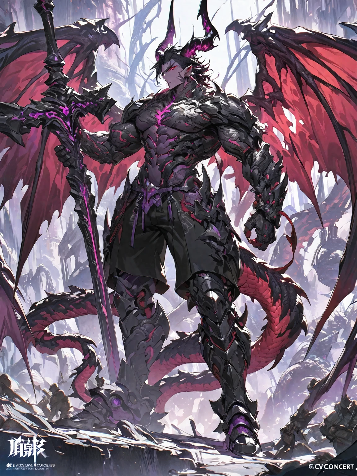 Best quality 8K resolution, Highly detailed, Digital Painting, Concept art, of the highest quality, One, beautiful, 1 man, adult man, with a sporty body, V-shaped body, black detailed armor with glowing purple details, black demonic horns, with large and long dragon wings, short hair, black hair, purple with red tones reptile eyes, a man has a huge and long sword in his hand, Against the background of 100 corpses