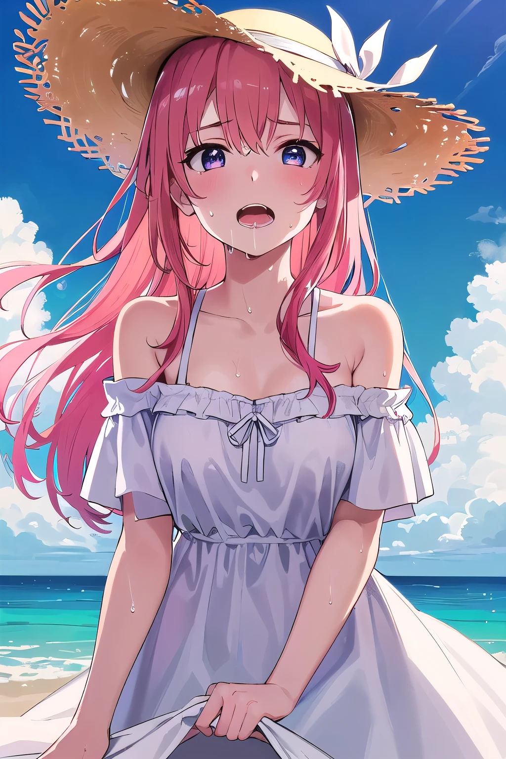 (8K, top-quality, masterpiece:1.2), (reallistic, Photorealsitic:1.37), Super Detail, One girl,), (Highly detailed), (beautifully detailed eyes), (of the highest quality), (super detailed ), (masterpiece), (Detailed face),20yr old, ,1 girl, ((pink hair,long hair)), medium breasts, clothed, Perfect Lighting, BREAK, (white dress:1.5), (long skirt:1.3), (off-shoulder:1.3), (embroidered hem:1.2), (white sandals:1.2), (straw hat:1.5), (white ribbon:1.3), (summer:1.4), (lightweight fabric:1.2), BRAKE, (upper body to thighs:1.2), (long pink hair:1.3), (gentle smile:1.2), (face slightly up:1.2), (holding a straw hat:1.2), (summer sky with cumulus clouds:1.4), (backlit:1.2), BRAKE (sweat:1.5), (steam:1.2), (masturbation:1.2), (girl trembling with sexual climax:1.1), (looking at viewer:1.3), (open mouth, drool:1.2), (NSFW:1.1)