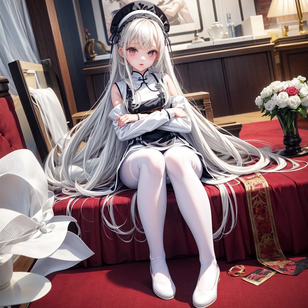 Azur lane , Azur lane Formidable , red eyes , gray hair , long hair , more sexy , sitting in chair , better foot , better eyes , bigger   , sunny outside , 