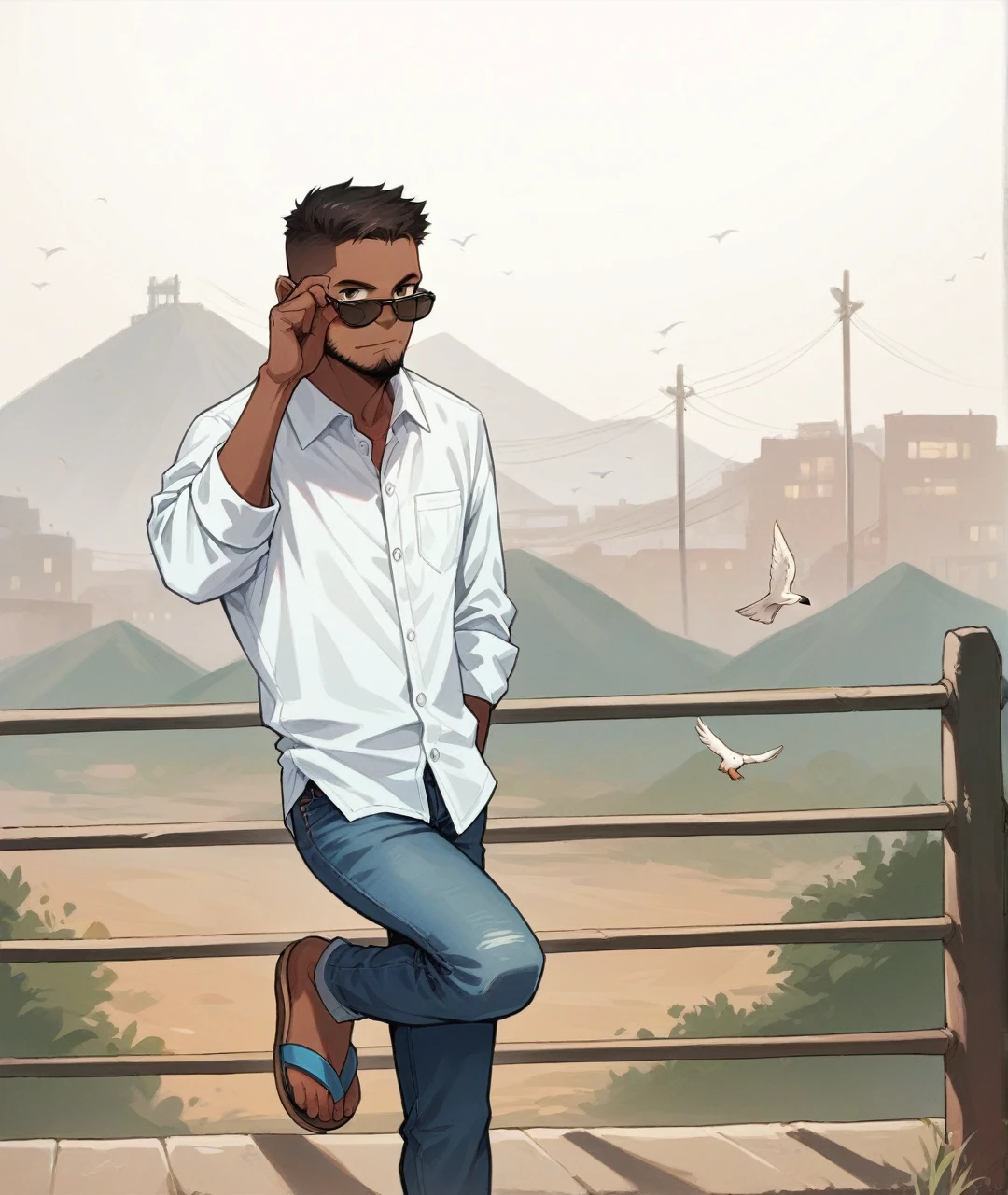 1boy, male_focus, solo, sunglasses, denim, jeans, pants, shirt, facial_hair, black_hair, sandals, white_shirt, bird, standing, outdoors, dark-skinned_male, dark_skin, standing_on_one_leg, beard, short_hair, collared_shirt, sleeves_rolled_up, realistic, adjusting_eyewear