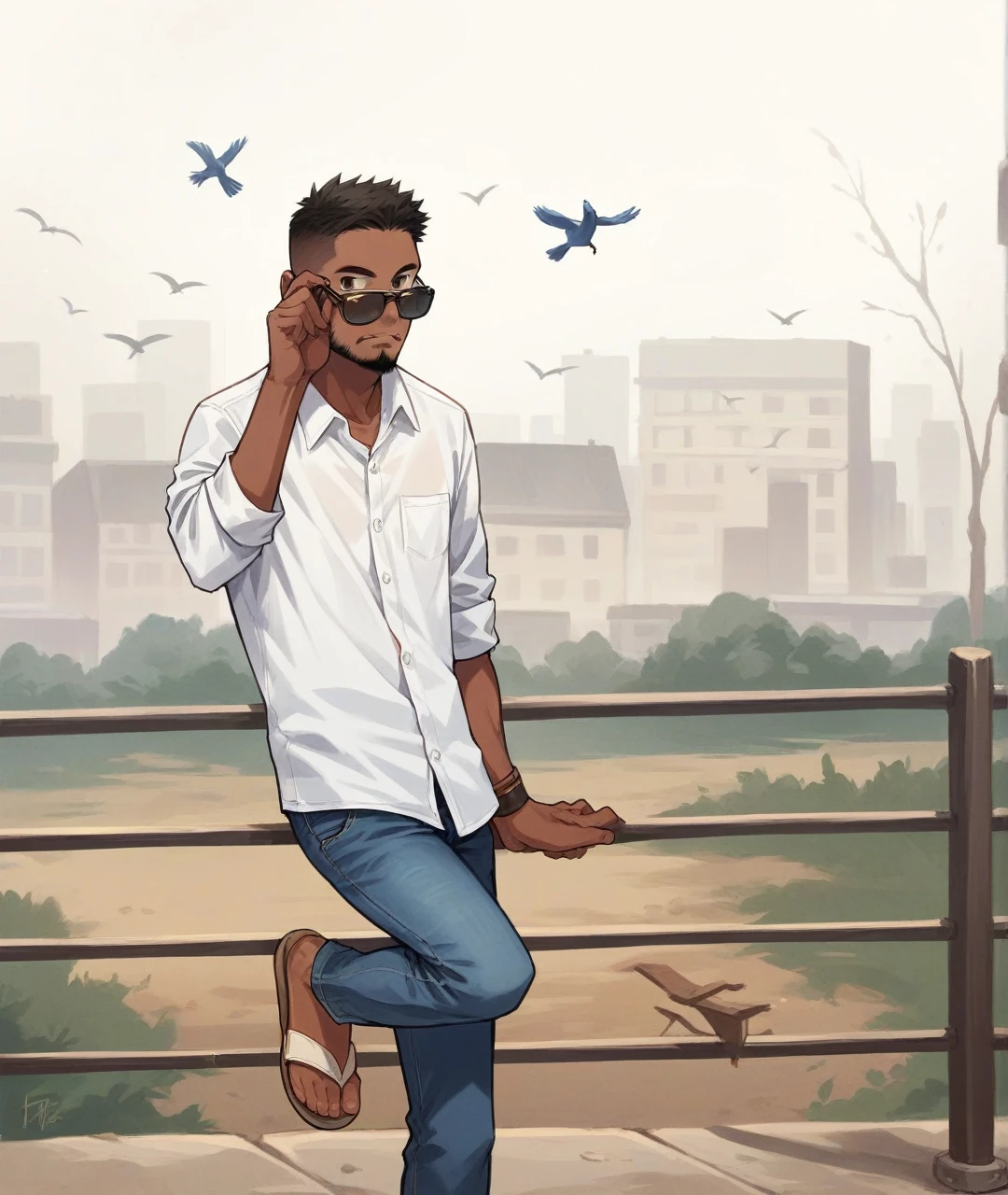 1boy, male_focus, solo, sunglasses, denim, jeans, pants, shirt, facial_hair, black_hair, sandals, white_shirt, bird, standing, outdoors, dark-skinned_male, dark_skin, standing_on_one_leg, beard, short_hair, collared_shirt, sleeves_rolled_up, realistic, adjusting_eyewear