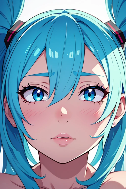 a beautiful detailed Hatsune Miku, long light blue hair, beautiful detailed eyes, beautiful detailed lips, extremely detailed face, longeyelashes,  body, porcelain skin, nude, simple background , (best quality,4k,8k,highres,masterpiece:1.2),ultra-detailed,vibrant colors