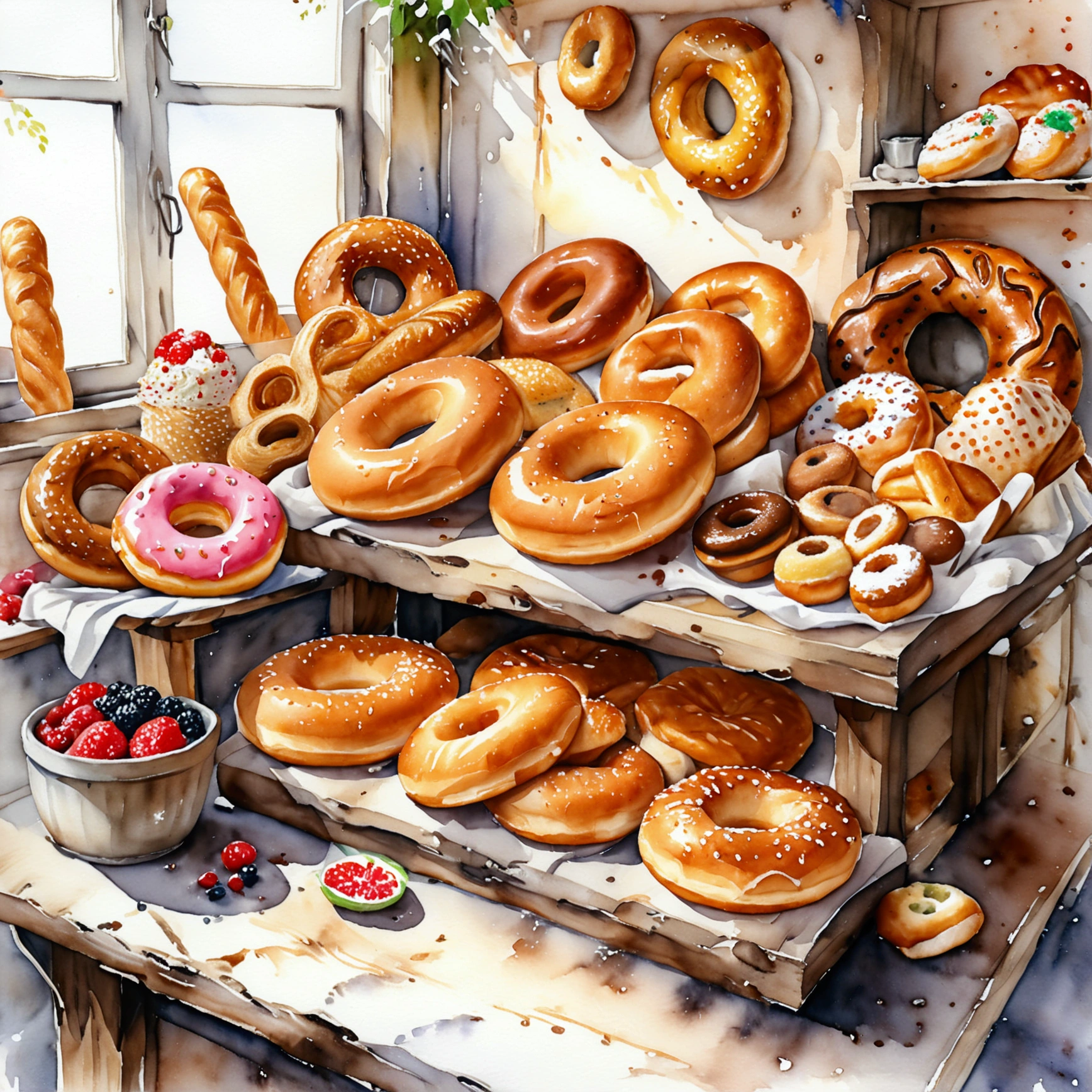 Traditional wooden bakery food stall, many type full of bread, cake and donuts, illustration, baking ingredients, isolated with solid white background, surrounded with negative space, centered composition, 8k, highest detailed painting, very precise painting, Isolated, clear solid white background, perspective angle of view, cartoon style, ((watercolor:1)), clip art, (lora:add-detail-xl:1), (masterpiece), (best quality),