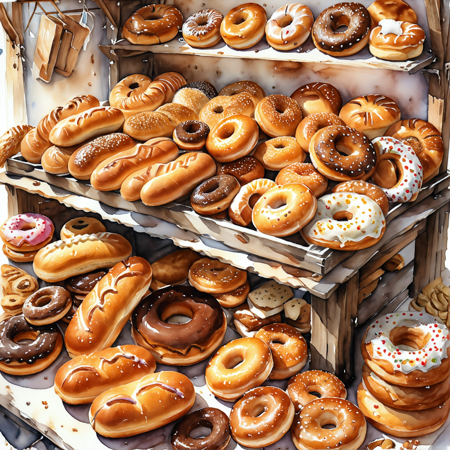 Traditional wooden bakery food stall, many type full of bread, cake and donuts,  illustration, baking ingredients, isolated with solid white background, surrounded with negative space, centered composition, 8k, highest detailed painting, very precise painting, Isolated, clear solid white background, perspective angle of view, cartoon style, ((watercolor:1)), clip art, (lora:add-detail-xl:1), (masterpiece), (best quality),