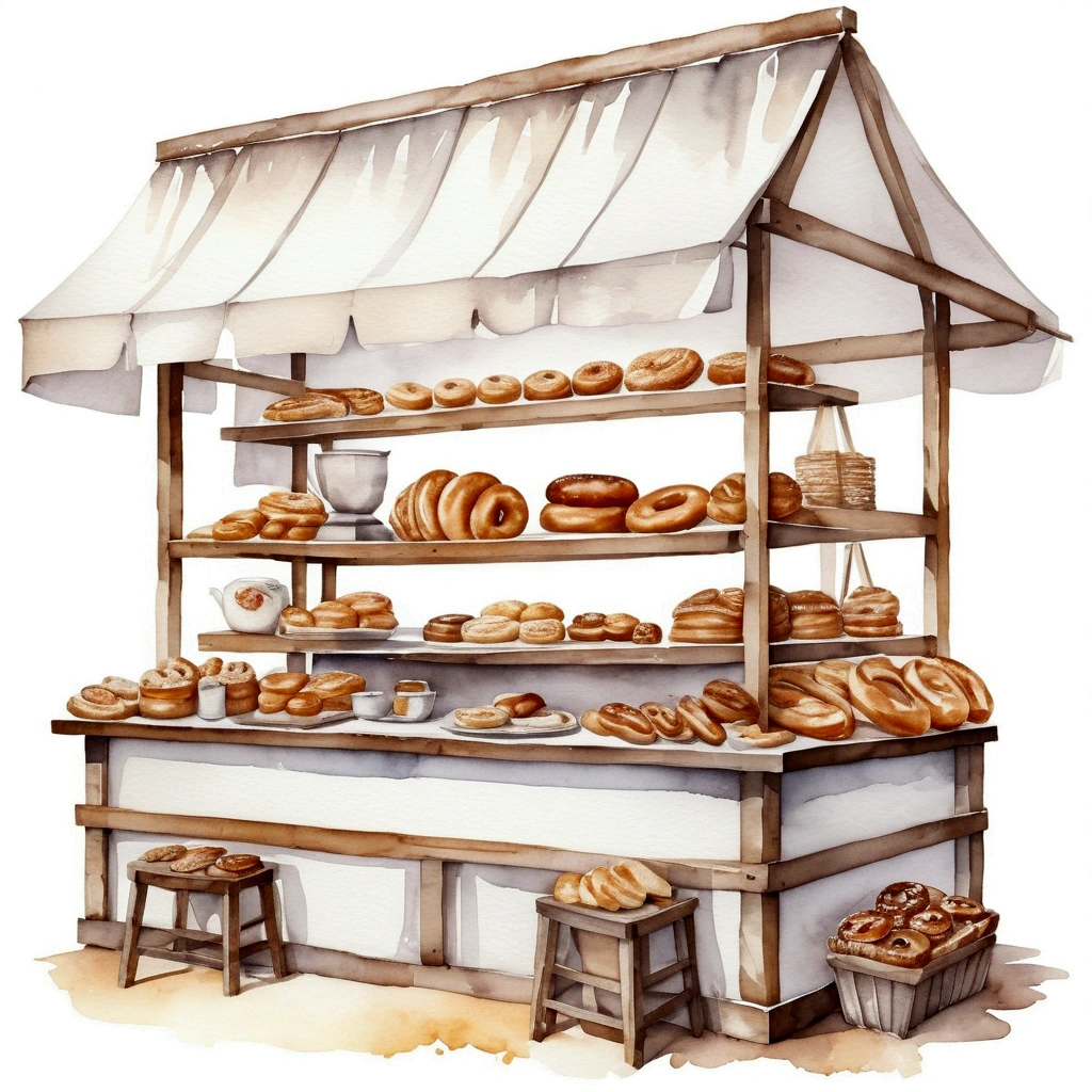 Traditional wooden bakery food stall, many type full of bread, cake and donuts, illustration, baking ingredients, isolated with solid white background, surrounded with negative space, centered composition, 8k, highest detailed painting, very precise painting, Isolated, clear solid white background, perspective angle of view, cartoon style, ((watercolor:1)), clip art, (lora:add-detail-xl:1), (masterpiece), (best quality),