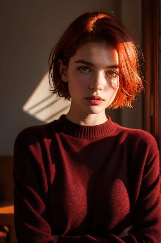 Instagram Photos, French woman, 21 years old, square hair cut,Redhead, Sweater Velvet Shirt, Neckline, pale, Sharp Shadow