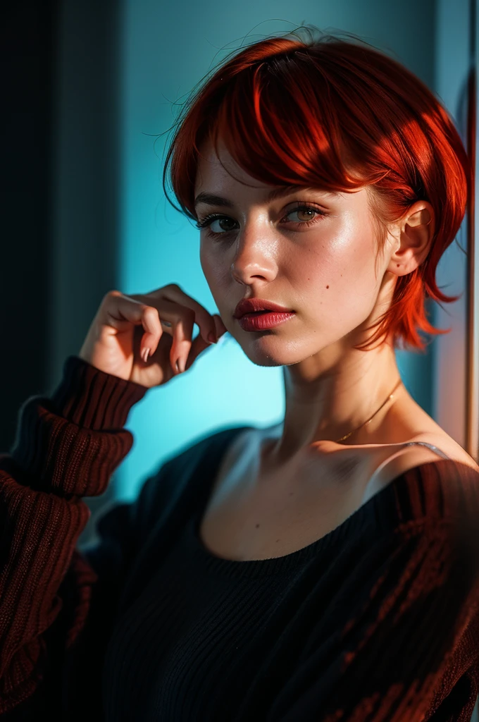 Instagram Photos, French woman, 21 years old, square hair cut,Redhead, Sweater Velvet Shirt, Neckline, pale, Sharp Shadow
