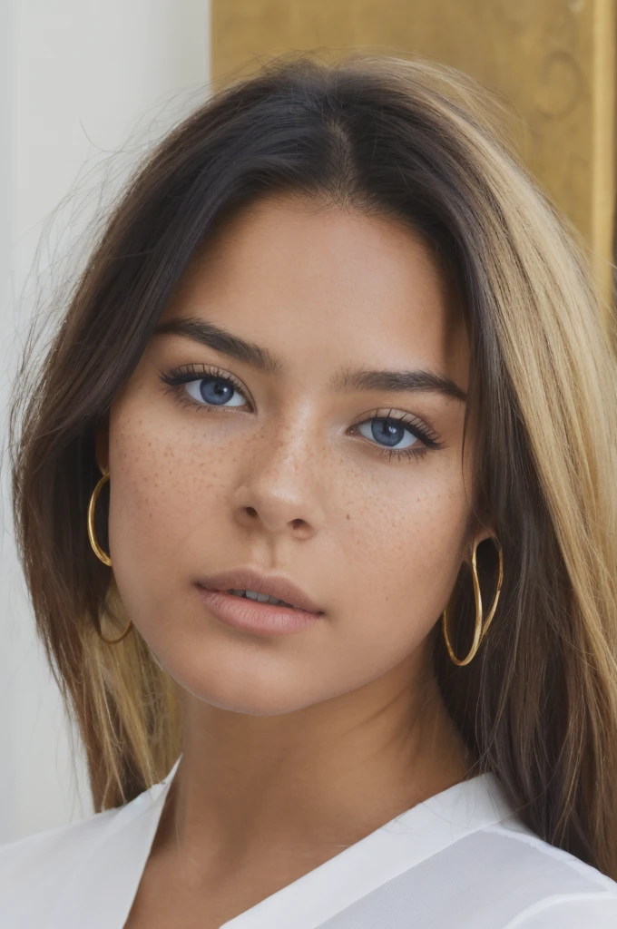 "A young 19-year-old woman named Lila Nakamura with a Northern European heritage. She has thick dark black eyeliner, glossy lips, and a cute, endearing expression. She has straight, blonde hair with blonde highlights that falls just past her shoulders, styled in a neat and polished manner. Her eyes are almond-shaped with a light, striking blue color, accentuated by subtle eyeshadow and mascara. Her skin has a light tone with a natural, fresh look, and she has a few delicate freckles across her nose. She is wearing a simple, professional outfit, consisting of a white blouse and dark jeans, and accessorized with small gold hoop earrings. The background is a neutral studio setting with soft lighting to highlight her features."

