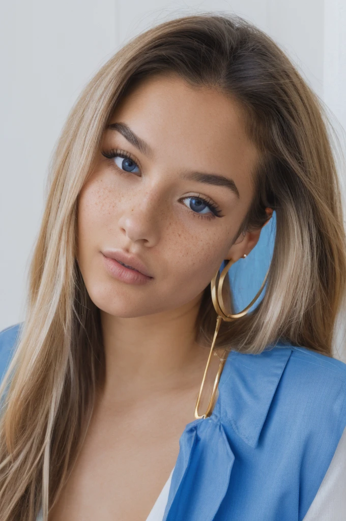 "A young 19-year-old woman named Lila Nakamura with a Northern European heritage. She has thick dark black eyeliner, glossy lips, and a cute, endearing expression. She has straight, blonde hair with blonde highlights that falls just past her shoulders, styled in a neat and polished manner. Her eyes are almond-shaped with a light, striking blue color, accentuated by subtle eyeshadow and mascara. Her skin has a light tone with a natural, fresh look, and she has a few delicate freckles across her nose. She is wearing a simple, professional outfit, consisting of a white blouse and dark jeans, and accessorized with small gold hoop earrings. The background is a neutral studio setting with soft lighting to highlight her features."