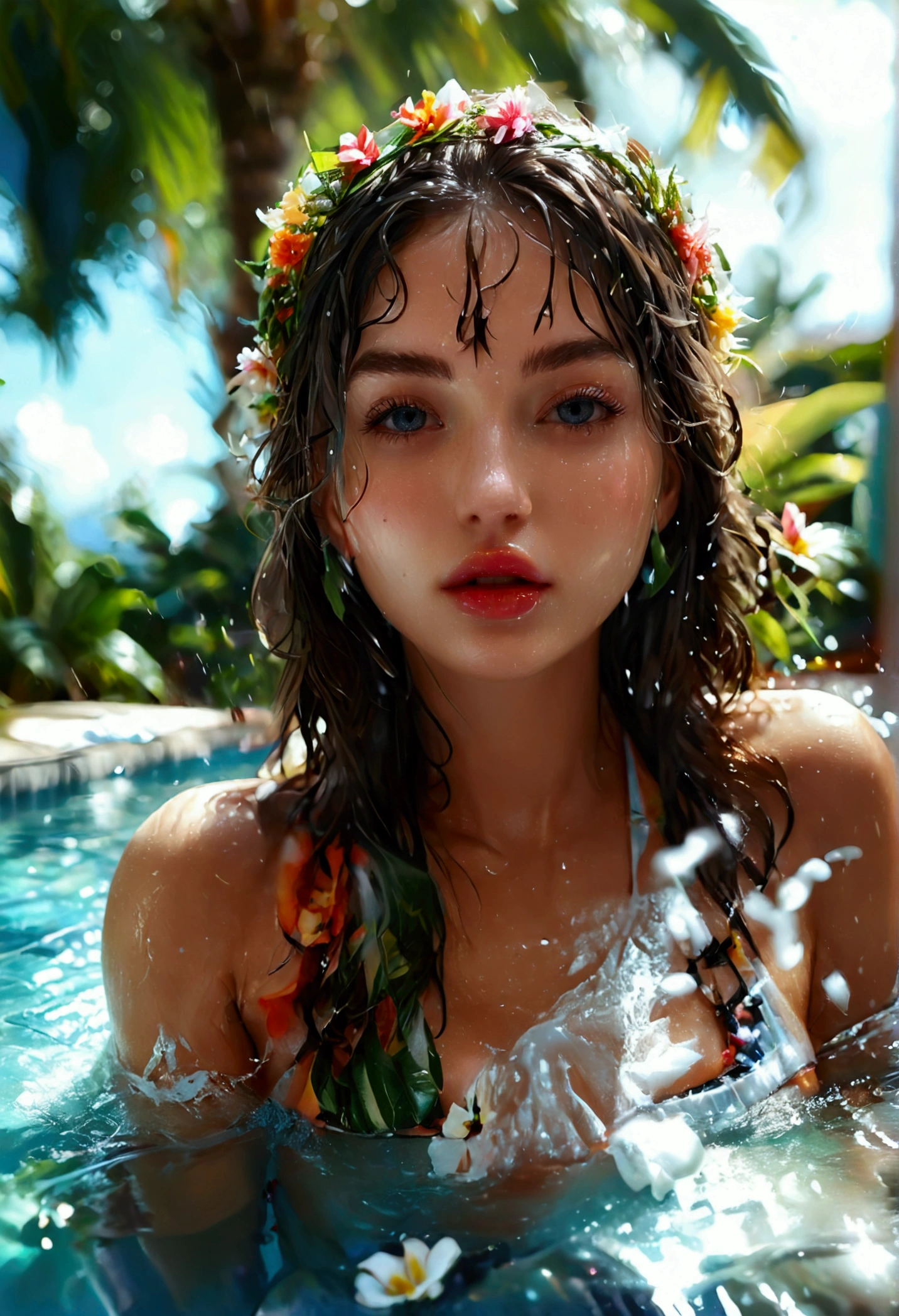 a beautiful girl in a bikini at a pool party, detailed face, long eyelashes, detailed eyes, detailed lips, wet skin, water splashing, tropical plants, palm trees, flower pool part cap, sun shining, vibrant colors, stunning 4k, photorealistic, highly detailed