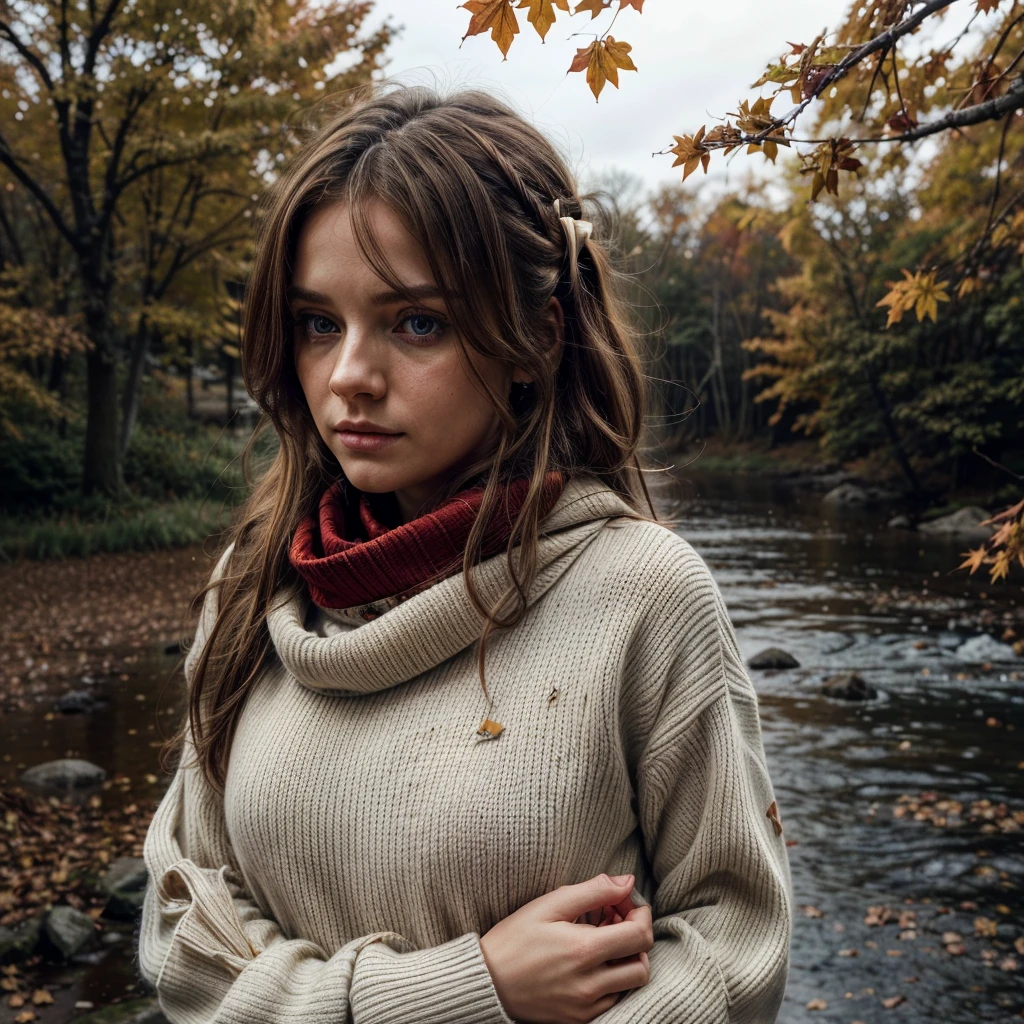 best quality, ultra-detailed, illustration, warm lighting, Soft lighting, Couleurs vives, 1 woman aged 25, bare,( lovely woman, Longhaire, blue eye, ribbon, brown-hair, Hair between the eyes, hair ribbon, side locks, very Longhaire, messy hair,) , Automne, a lot of maple, maple leaves, gold leaves, fall foliage, Dried leaves, river, air frais, peace, brise fraîche , sweater season,( porter un pull blanc ou marron, Red Scarf, Gloomy fall, Melancholy, melancholy, Grieving ,worried, Desire,)