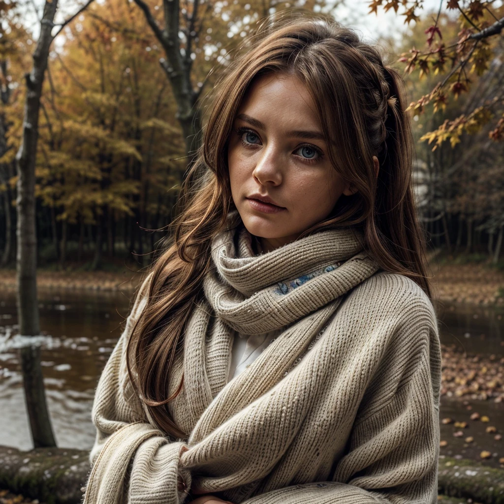 best quality, ultra-detailed, illustration, warm lighting, Soft lighting, Couleurs vives, 1 woman, bare,( lovely woman, Longhaire, blue eye, ribbon, brown-hair, Hair between the eyes, hair ribbon, side locks, very Longhaire, messy hair,) , Automne, a lot of maple, maple leaves, gold leaves, fall foliage, Dried leaves, river, air frais, peace, brise fraîche , sweater season,( porter un pull blanc ou marron, Red Scarf, Gloomy fall, Melancholy, melancholy, Grieving ,worried, Desire,)